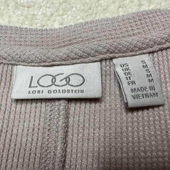 LOGO: Waffle Lace Henley Taupe Thermal Long Sleeve Blouse - Picture 4 of 7